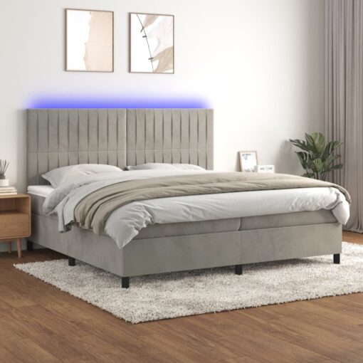 Box spring postelja z vzmetnico LED svetlo siva 200x200cm žamet