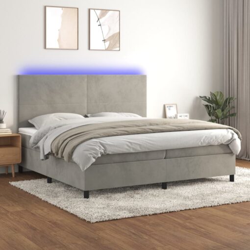 Box spring postelja z vzmetnico LED svetlo siva 200x200cm žamet