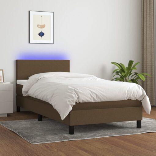 Box spring postelja z vzmetnico LED temno rjava 90x200 cm blago