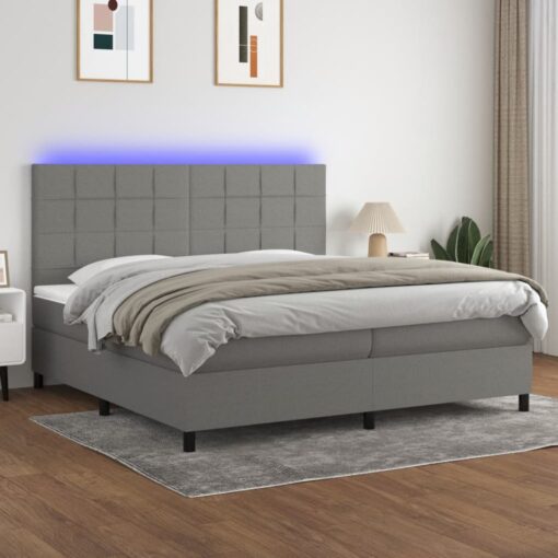 Box spring postelja z vzmetnico LED temno siva 200x200 cm blago