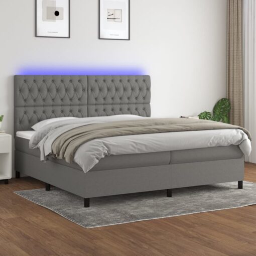 Box spring postelja z vzmetnico LED temno siva 200x200 cm blago