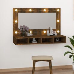 Omarica z ogledalom in LED lučkami dimljen hrast 90x31