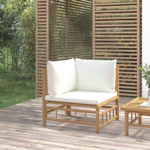Vrtni kotni kavč s kremno belimi blazinami bambus
