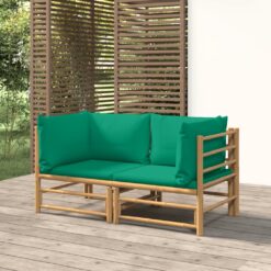 Vrtni kotni kavč z zelenimi blazinami 2 kosa bambus