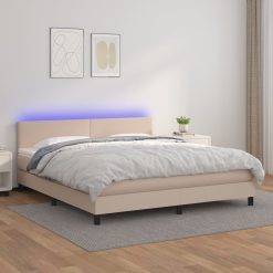 Box spring postelja vzmetnico LED kapučino 180x200 cm um. usnje