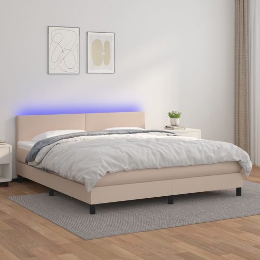 Box spring postelja vzmetnico LED kapučino 180x200 cm um. usnje