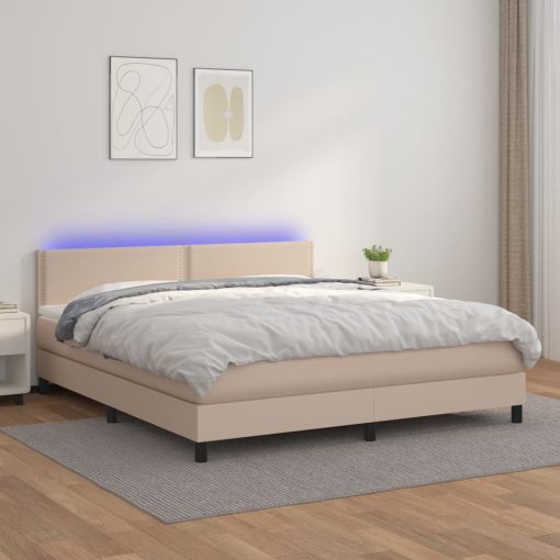 Box spring postelja vzmetnico LED kapučino 180x200 cm um. usnje
