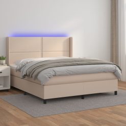 Box spring postelja vzmetnico LED kapučino 180x200 cm um. usnje