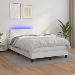Box spring postelja z vzmetnico LED bela 120x200cm umetno usnje