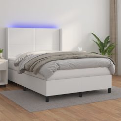 Box spring postelja z vzmetnico LED bela 140x190cm umetno usnje