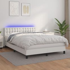 Box spring postelja z vzmetnico LED bela 140x190cm umetno usnje