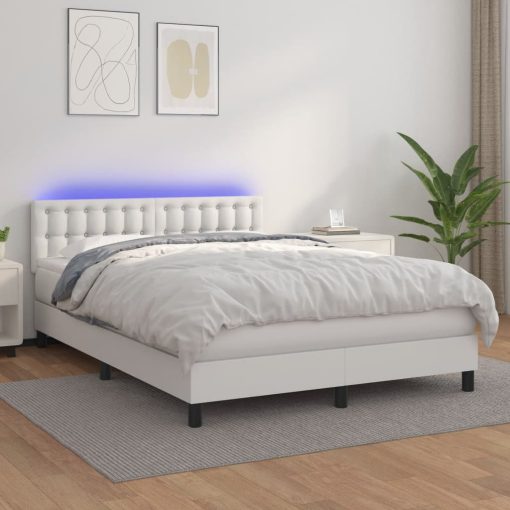 Box spring postelja z vzmetnico LED bela 140x190cm umetno usnje