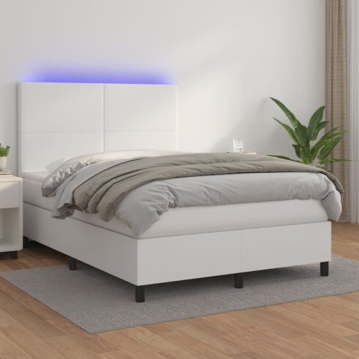 Box spring postelja z vzmetnico LED bela 140x190cm umetno usnje