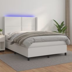 Box spring postelja z vzmetnico LED bela 140x190cm umetno usnje