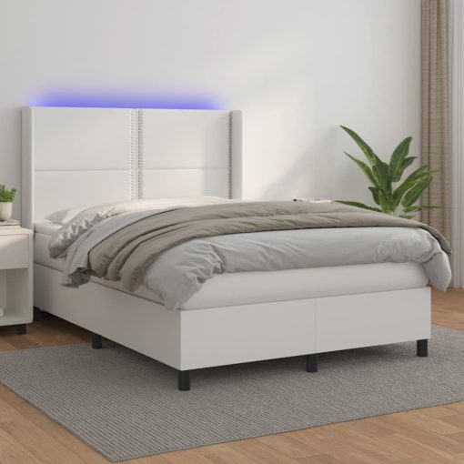 Box spring postelja z vzmetnico LED bela 140x200cm umetno usnje