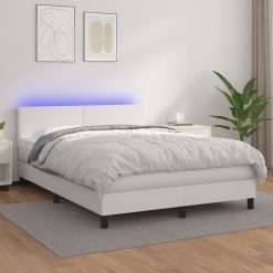 Box spring postelja z vzmetnico LED bela 140x200cm umetno usnje