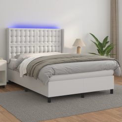 Box spring postelja z vzmetnico LED bela 140x200cm umetno usnje