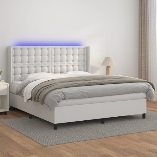 Box spring postelja z vzmetnico LED bela 160x200cm umetno usnje