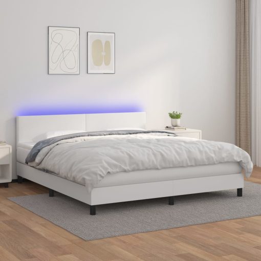 Box spring postelja z vzmetnico LED bela 160x200cm umetno usnje