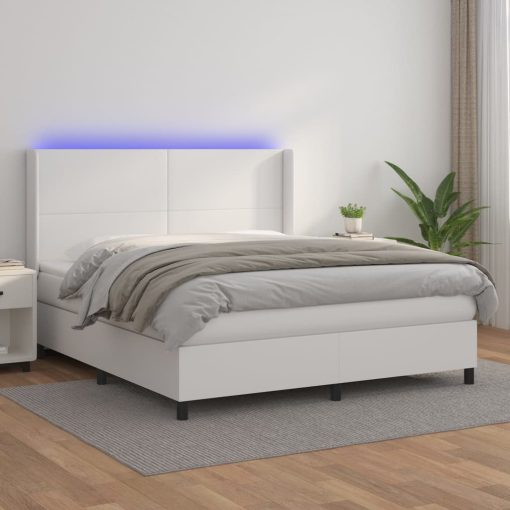 Box spring postelja z vzmetnico LED bela 160x200cm umetno usnje