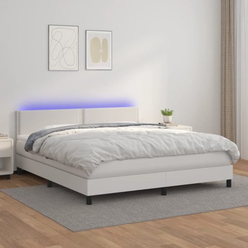 Box spring postelja z vzmetnico LED bela 180x200cm umetno usnje