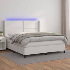 Box spring postelja z vzmetnico LED bela 180x200cm umetno usnje