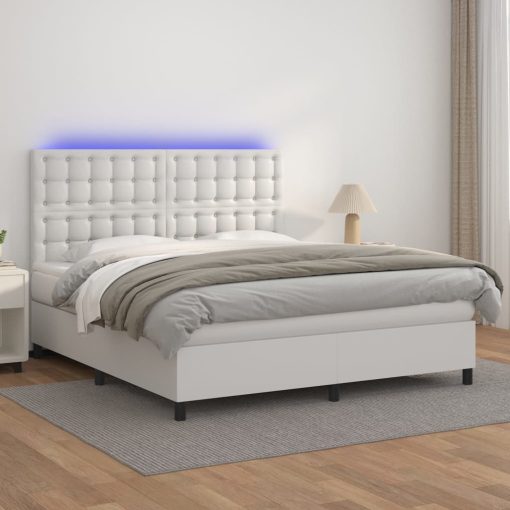 Box spring postelja z vzmetnico LED bela 180x200cm umetno usnje