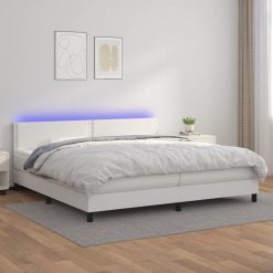 Box spring postelja z vzmetnico LED bela 200x200cm umetno usnje