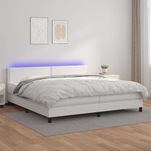 Box spring postelja z vzmetnico LED bela 200x200cm umetno usnje