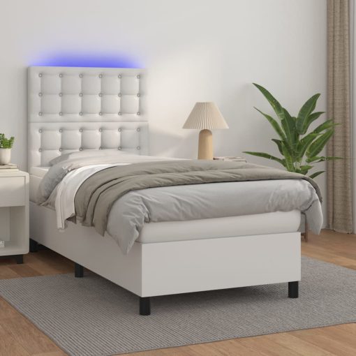Box spring postelja z vzmetnico LED bela 90x200 cm umetno usnje