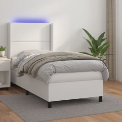 Box spring postelja z vzmetnico LED bela 90x200 cm umetno usnje