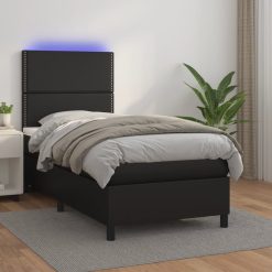 Box spring postelja z vzmetnico LED črn 100x200 cm umetno usnje