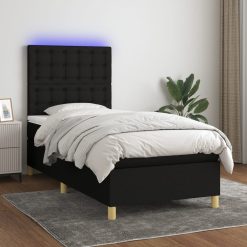 Box spring postelja z vzmetnico LED črna 100x200 cm blago