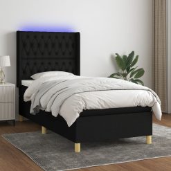 Box spring postelja z vzmetnico LED črna 100x200 cm blago