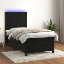 Box spring postelja z vzmetnico LED črna 100x200 cm žamet