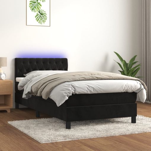 Box spring postelja z vzmetnico LED črna 100x200 cm žamet