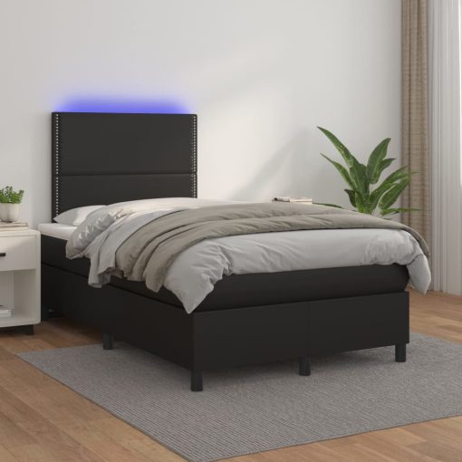 Box spring postelja z vzmetnico LED črna 120x200cm umetno usnje