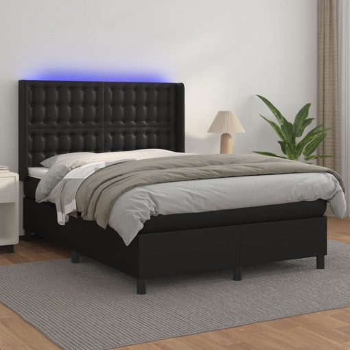 Box spring postelja z vzmetnico LED črna 140x190 cm um. usnje