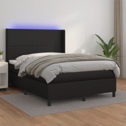 Box spring postelja z vzmetnico LED črna 140x190 cm um. usnje