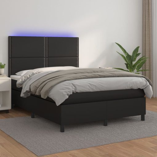 Box spring postelja z vzmetnico LED črna 140x190 cm um. usnje