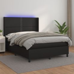 Box spring postelja z vzmetnico LED črna 140x190 cm um. usnje