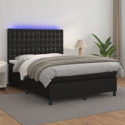 Box spring postelja z vzmetnico LED črna 140x190 cm um. usnje