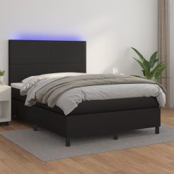 Box spring postelja z vzmetnico LED črna 140x190 cm um. usnje