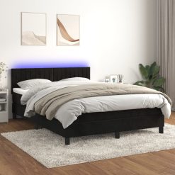 Box spring postelja z vzmetnico LED črna 140x190 cm žamet