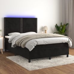 Box spring postelja z vzmetnico LED črna 140x190 cm žamet