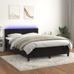 Box spring postelja z vzmetnico LED črna 140x190 cm žamet