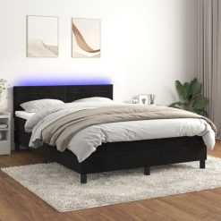 Box spring postelja z vzmetnico LED črna 140x190 cm žamet