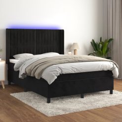 Box spring postelja z vzmetnico LED črna 140x200 cm žamet