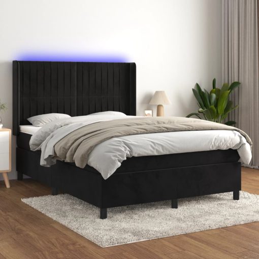 Box spring postelja z vzmetnico LED črna 140x200 cm žamet