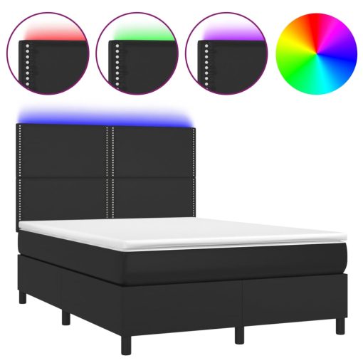 Box spring postelja z vzmetnico LED črna 140x200cm umetno usnje - Image 2